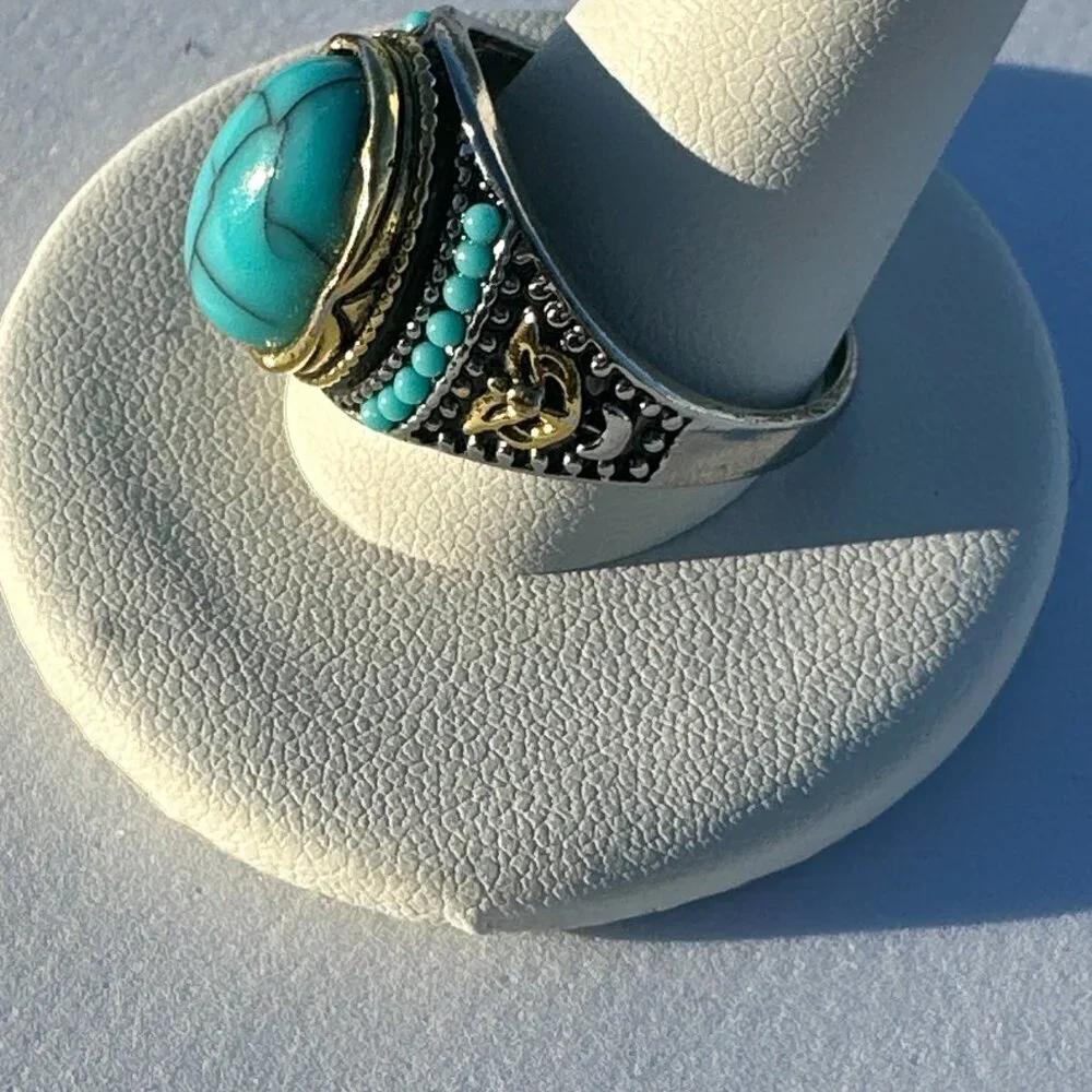 Turquoise Statement Ring Gold Silver Accents Size 8 to 11
